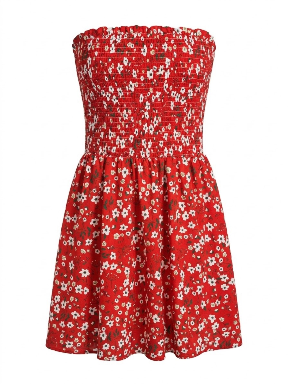 SHEIN Red Strapless Floral Smocked Mini Dress